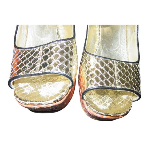 Prada Italian Snakeskin & Croc Embossed Leather Wedges Pink & Gold 37.5 US 7.5 - Picture 2 of 11